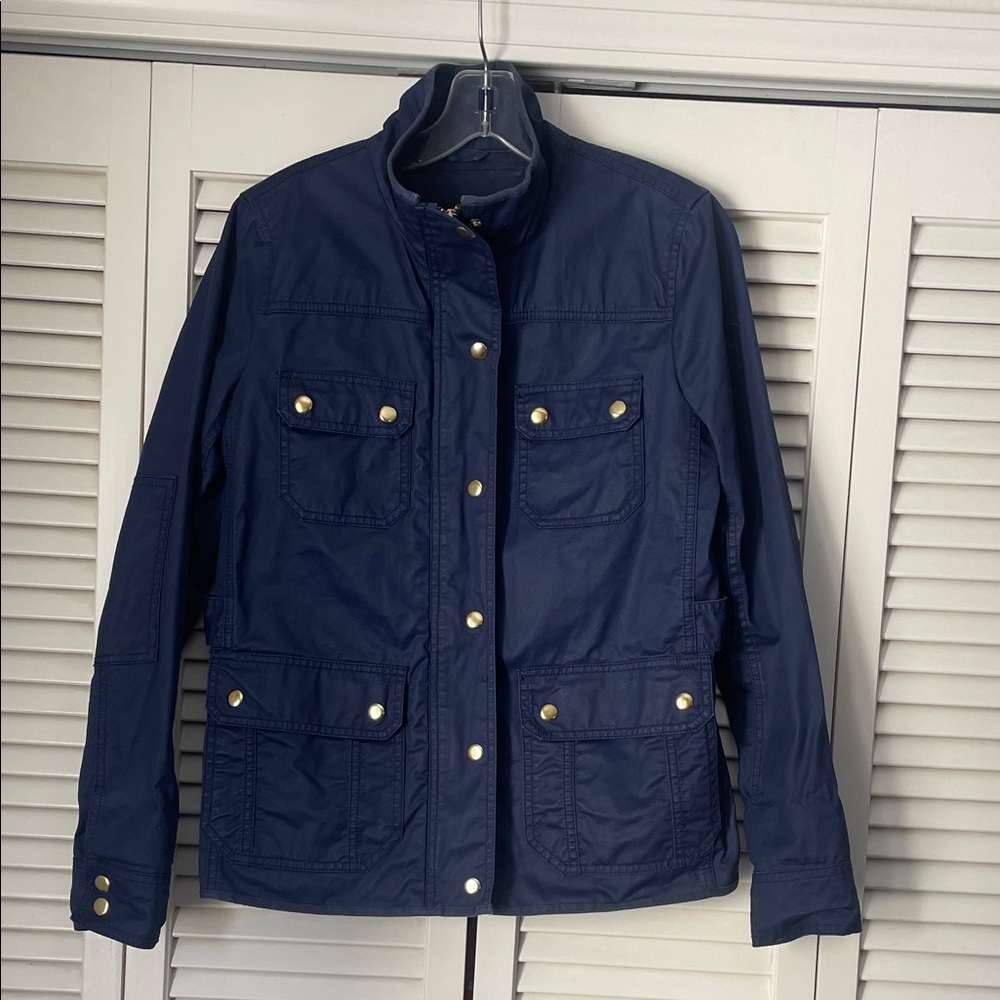 J. Crew Downtown Field Jacket Navy w/ Gold snaps  Sz S 100% cotton zip front